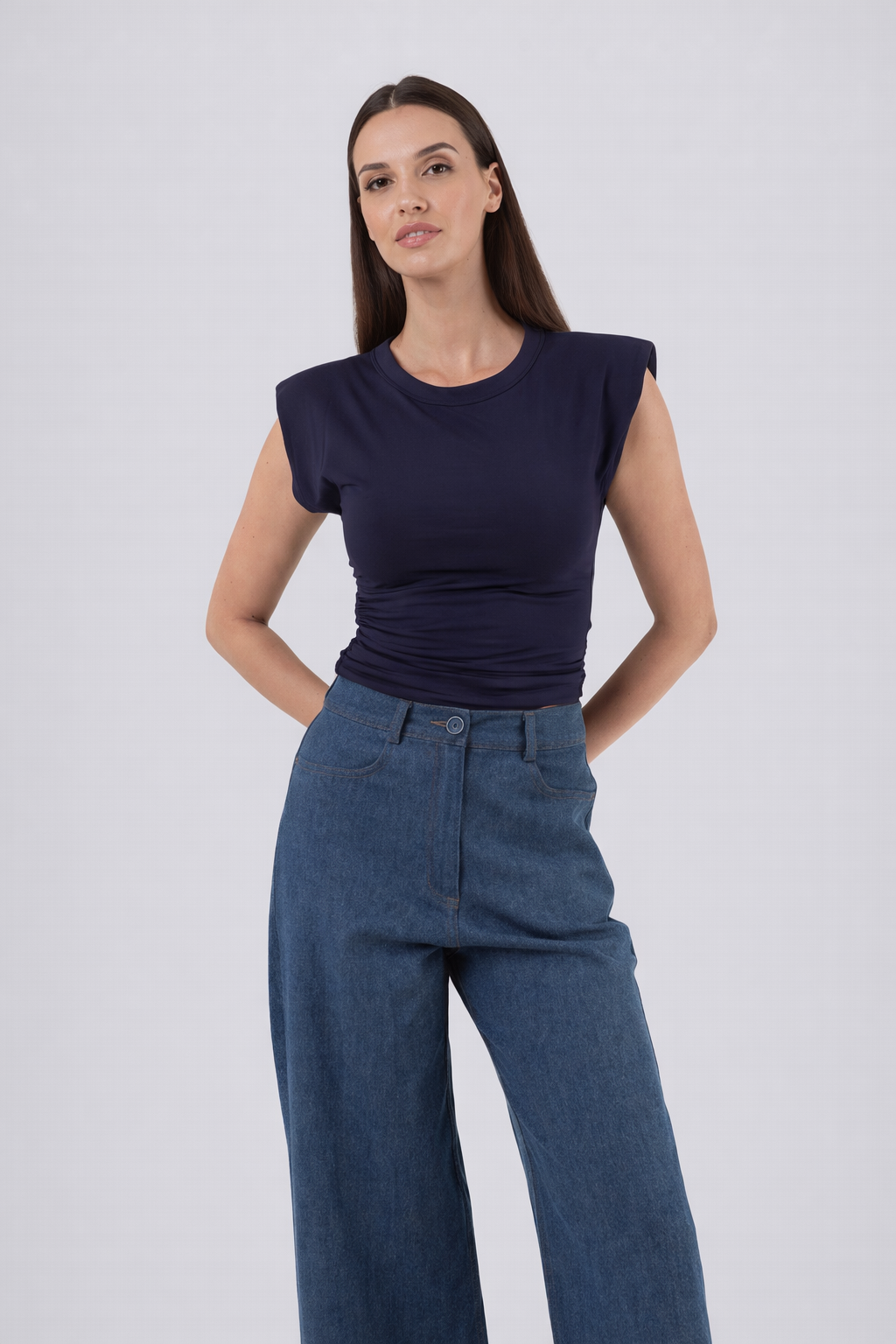 Dark blue fitted top full length view