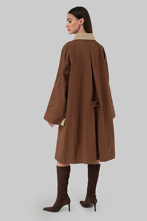 Brown oversized trench coat back view