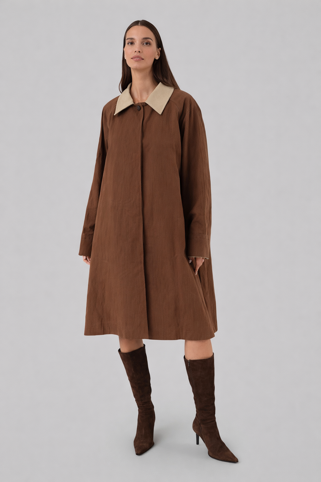 Brown oversized trench coat front view
