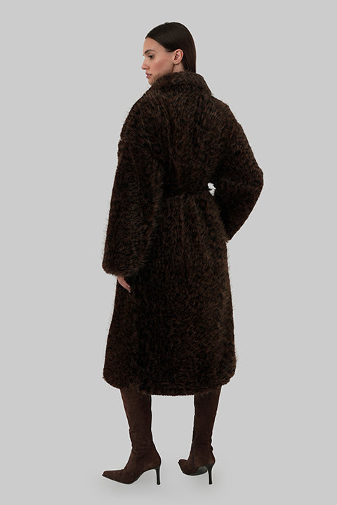 Brown animal print faux fur coat back view