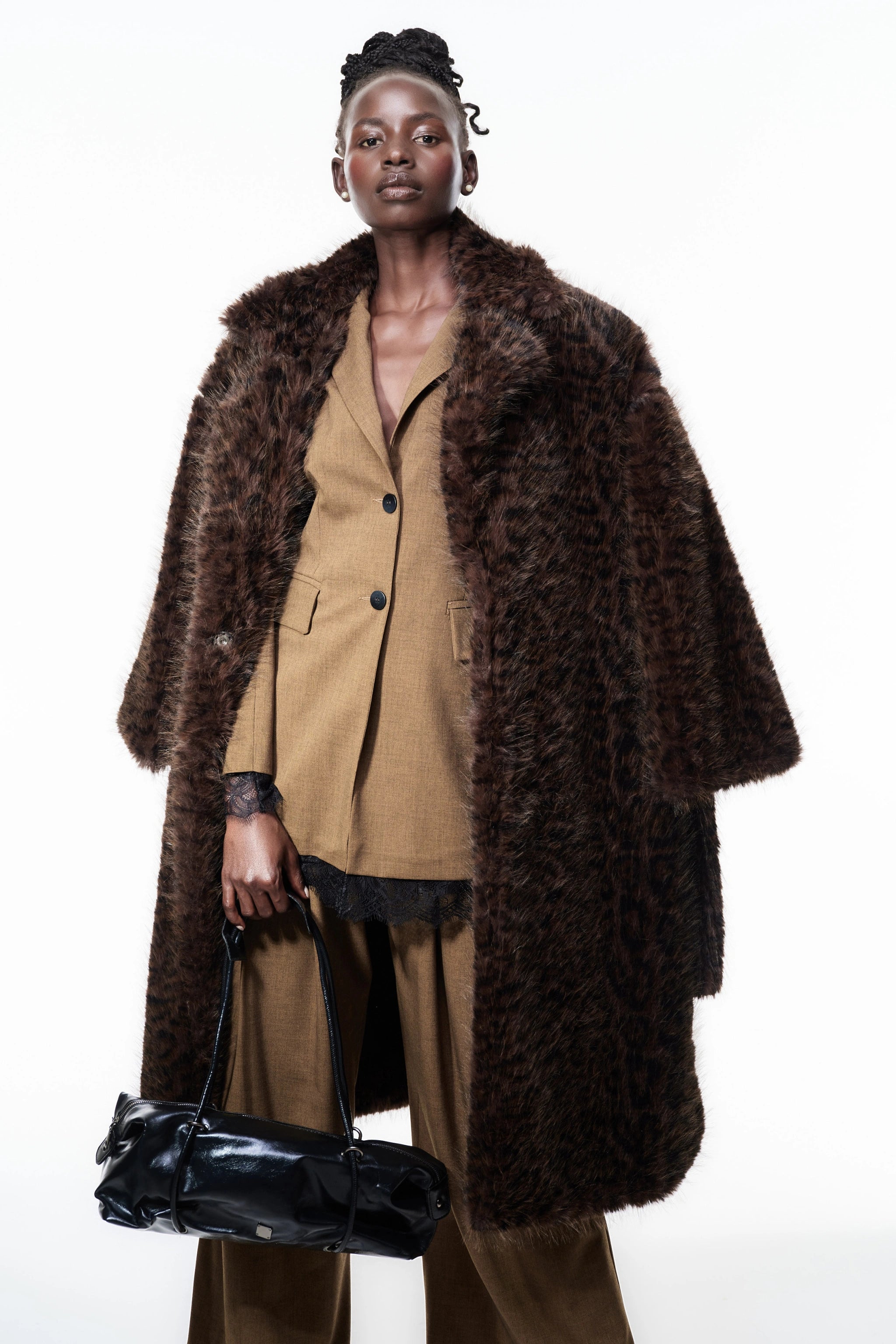Brown animal print faux fur coat full length view