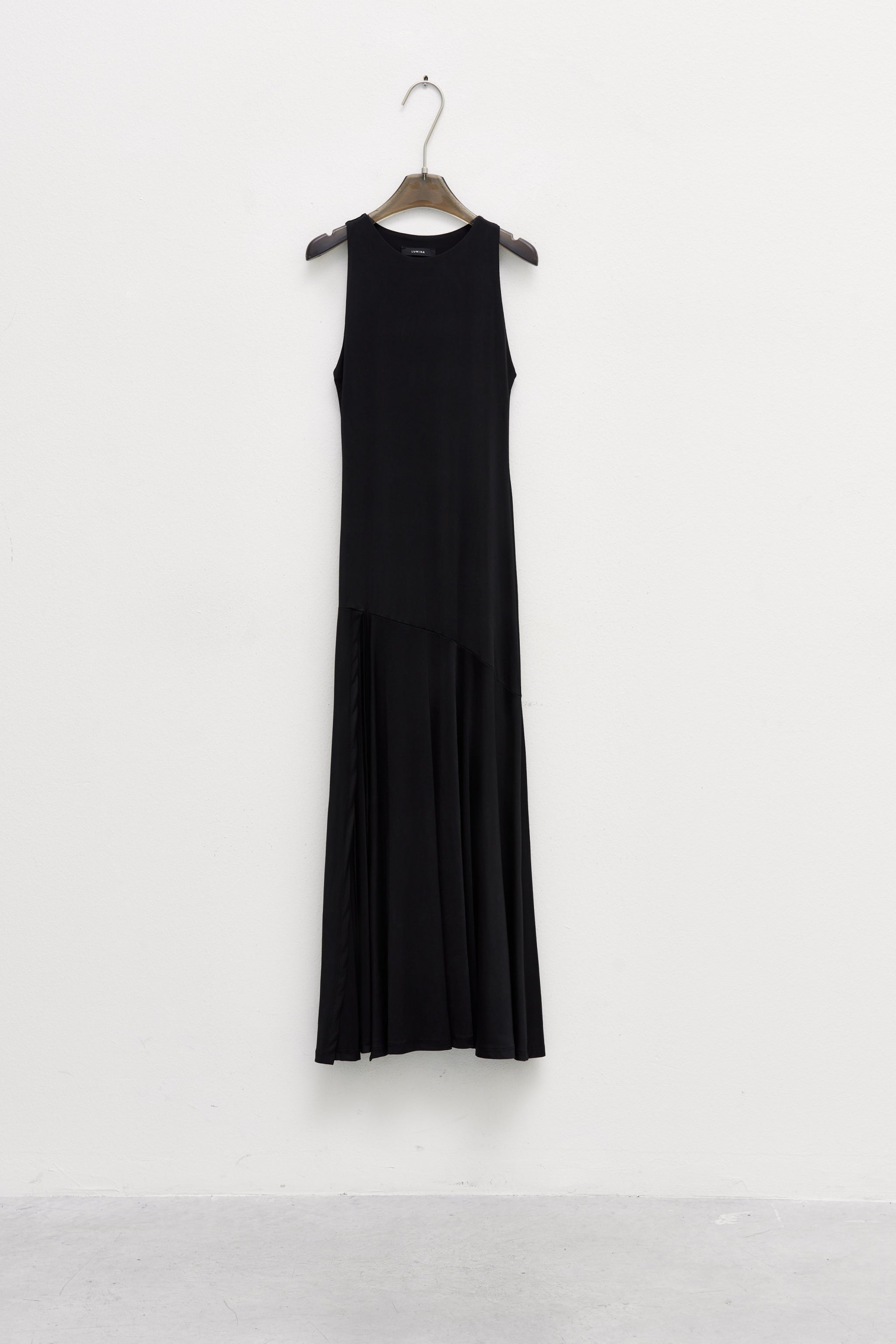 Mirage Dress black sleeveless midi dress product view round neck made in Italy