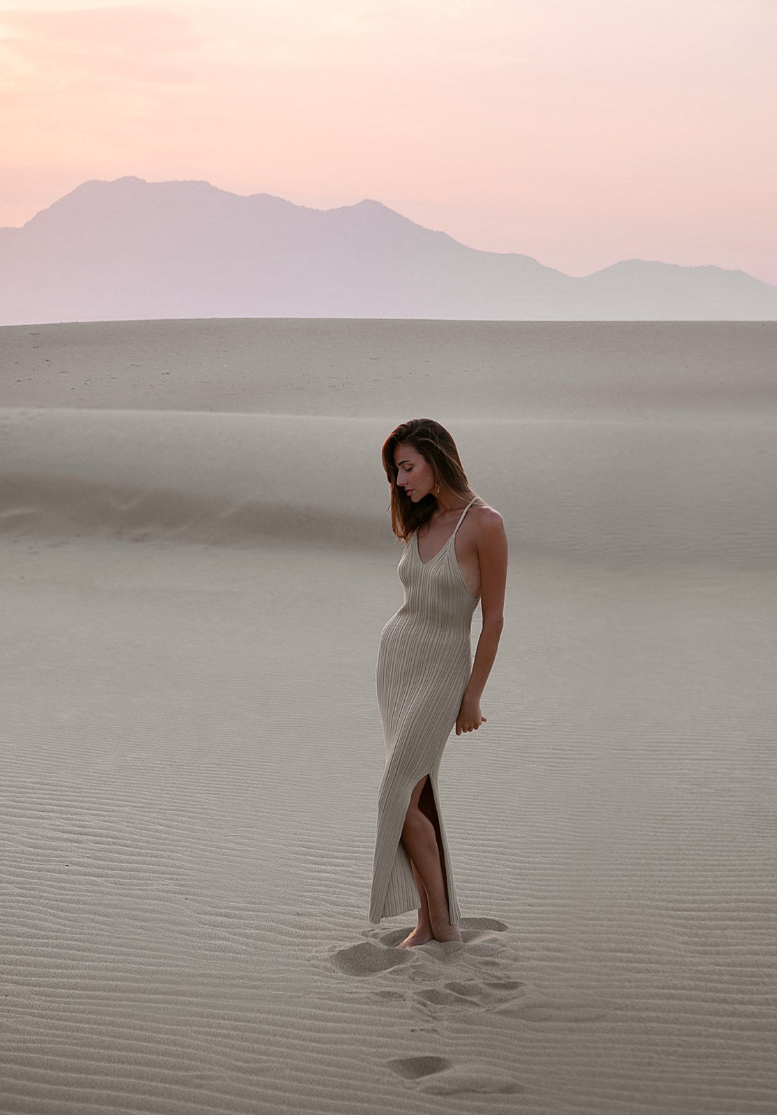 cream rib knit maxi dress worn in desert landscape
