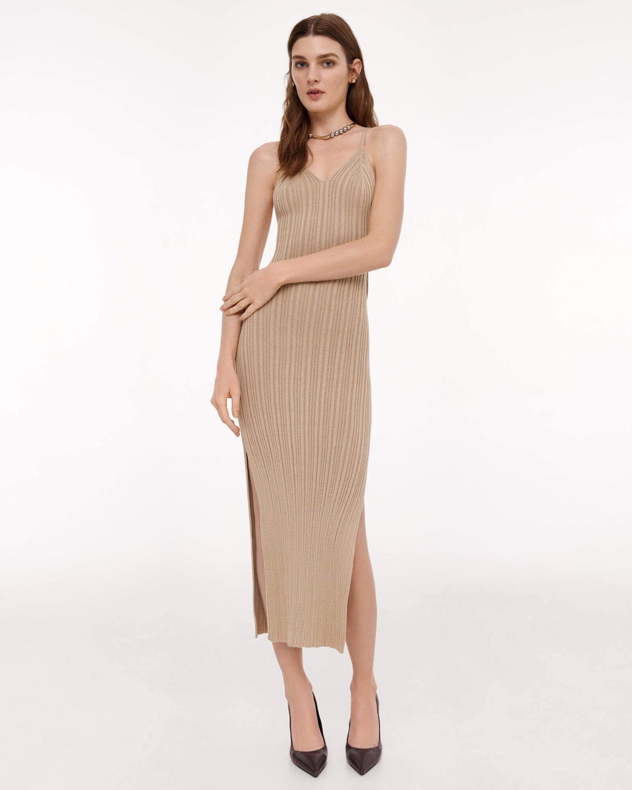 cream rib knit maxi dress front studio view