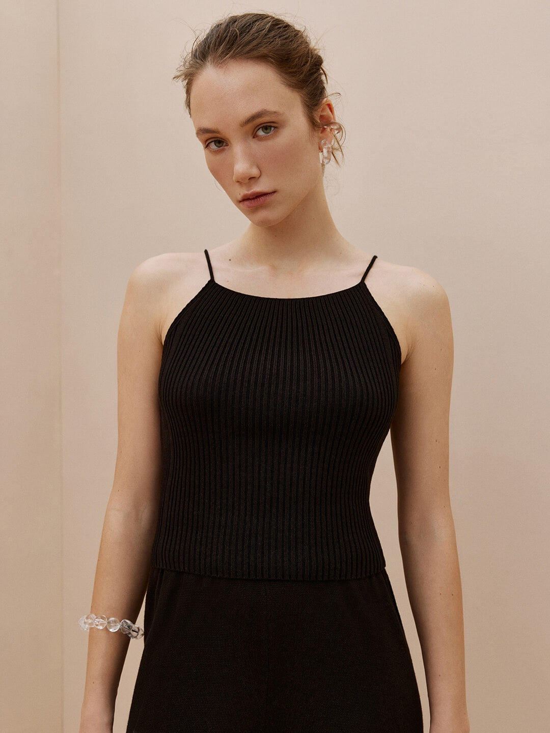 Black rib knit crop top front view