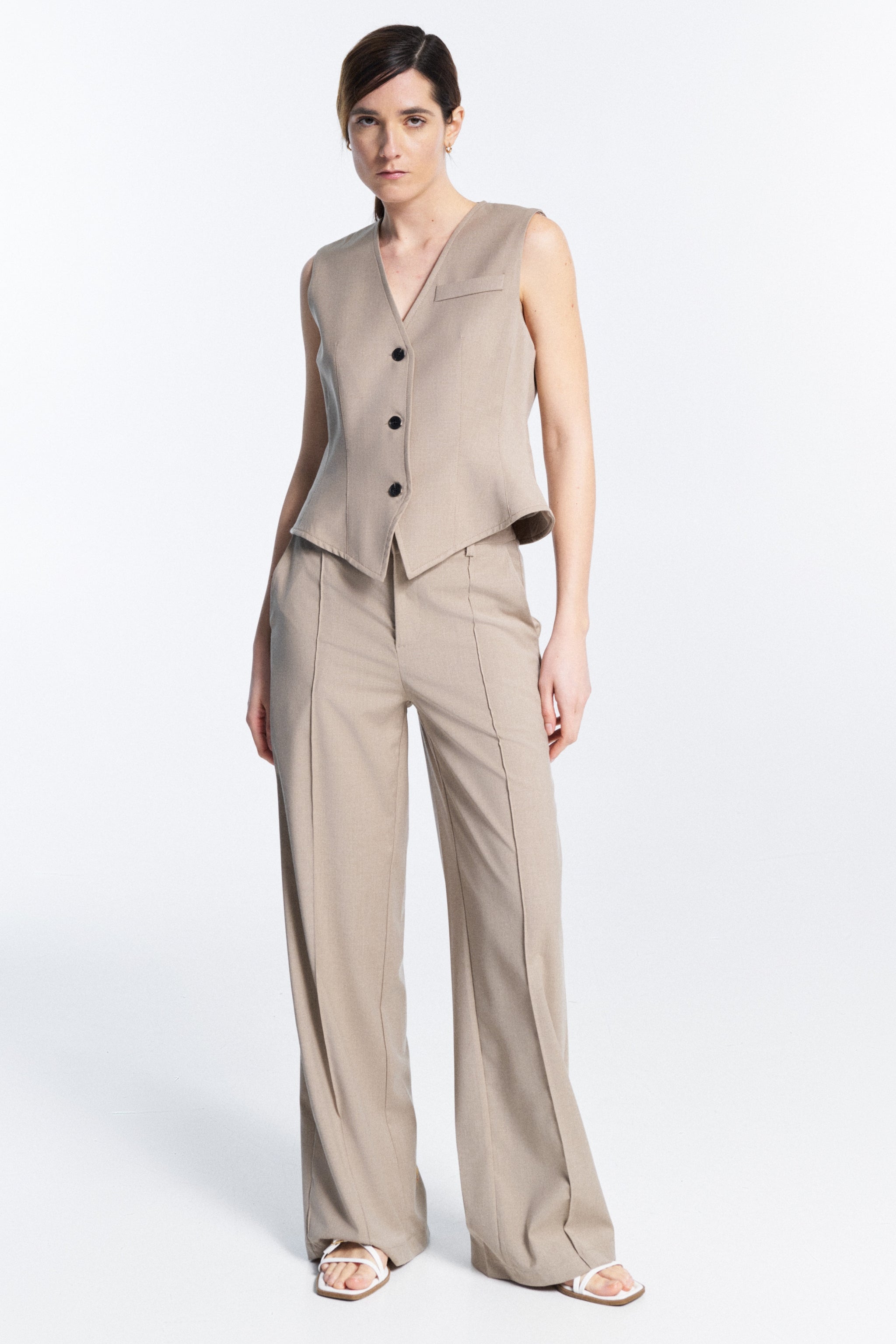 Serena Trousers mud gray high waisted trousers full look styled with matching vest regular fit with belt loops and side pockets
